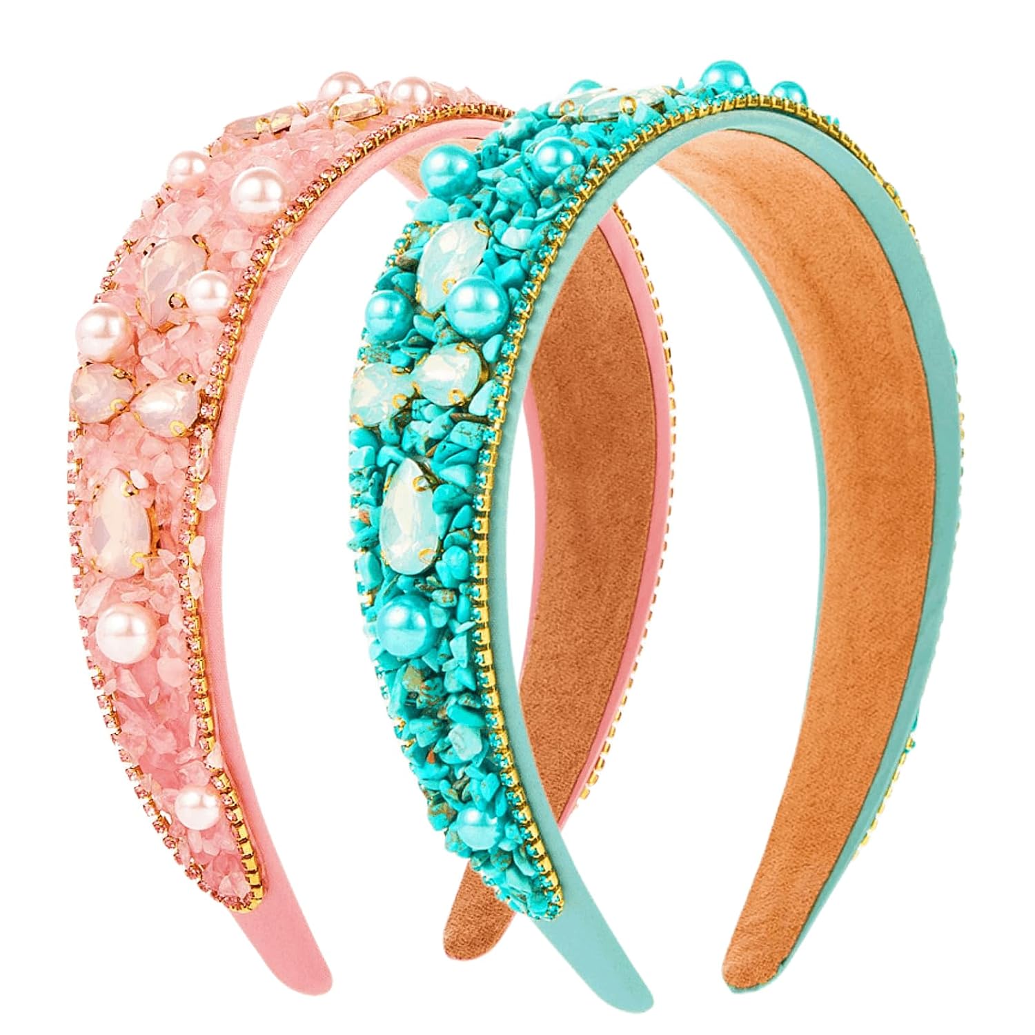 Turquoise Headbands for Women Girls Non Slip Wide Head Band Fashion Head Bands Top Knot Crystal pearl Headband for Women Pink blue Headband Hair Accessories for Women