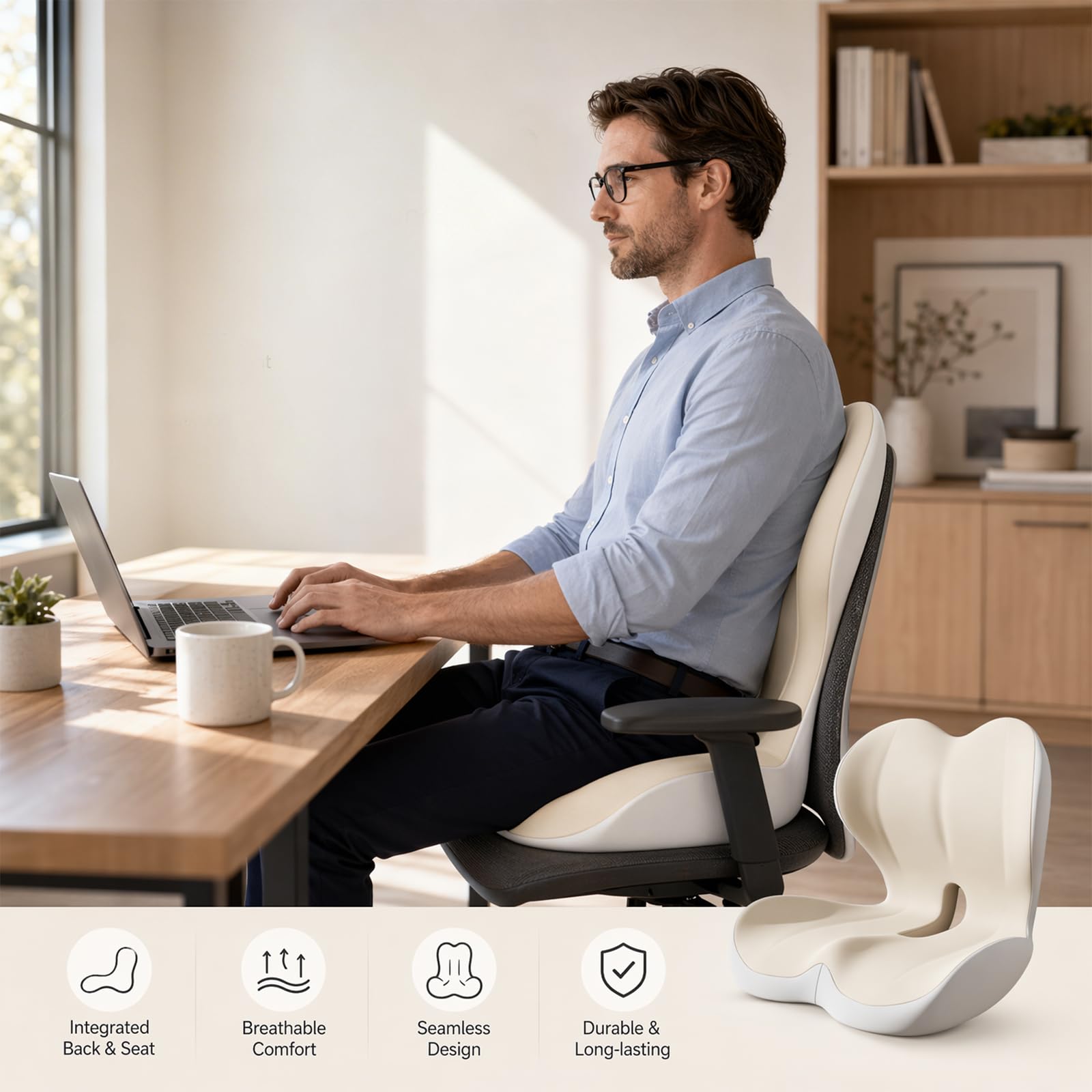 Cojín ergonómico con respaldo, cojín de espuma viscoelástica para silla de oficina y coche, cojín ortopédico, cojín de asiento transpirable para oficina en casa, juegos y asiento del conductor
