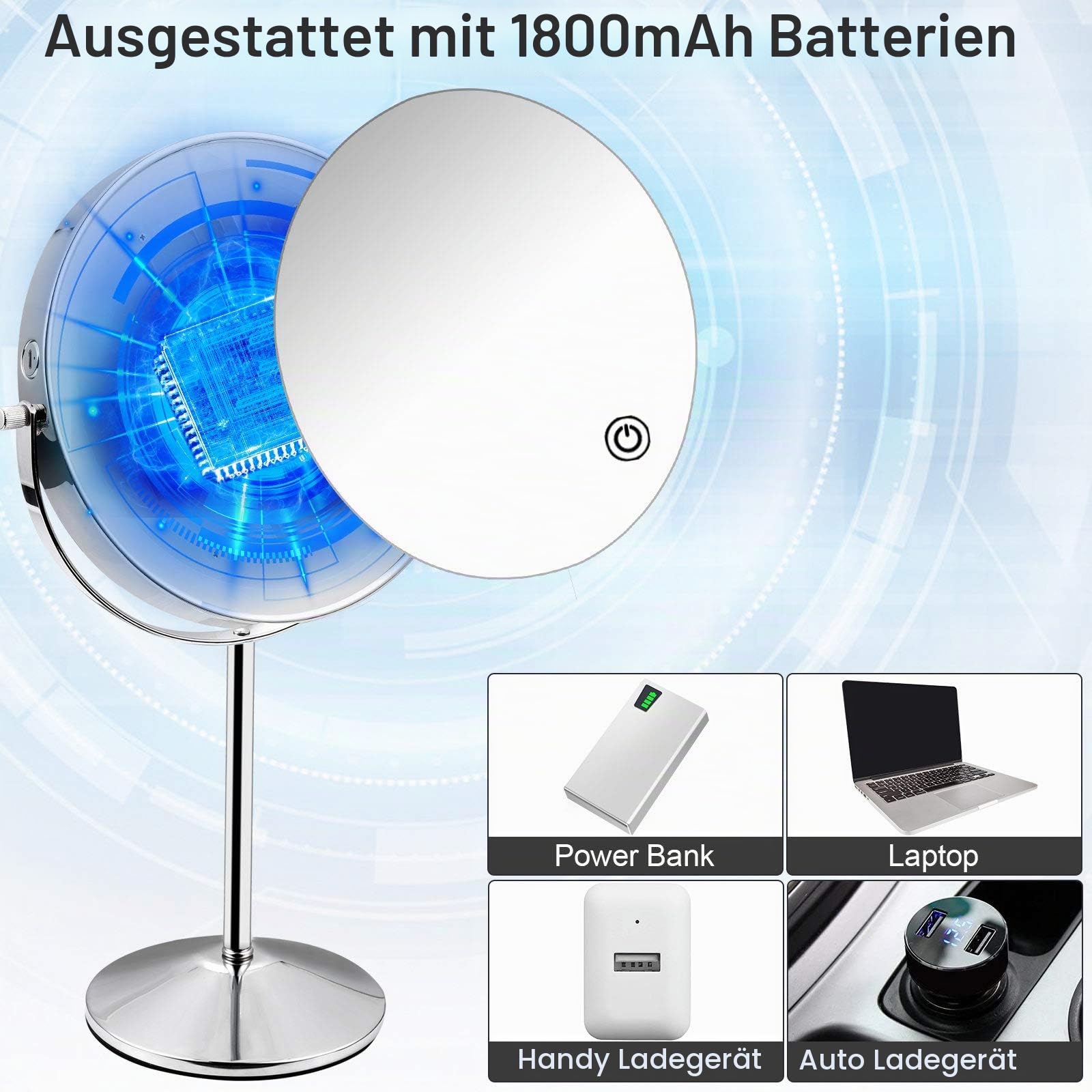 Schminkspiegel Doppelseitig 1X 7X Kosmetikspiegel Desktop Makeup Spiegel, Durchmesser 16.5cm 360° Schwenkbar Einstellbarer Touchscreen, 3 Lichtfarbe Helligkeit, Vergrößerungsspiegel mit Licht