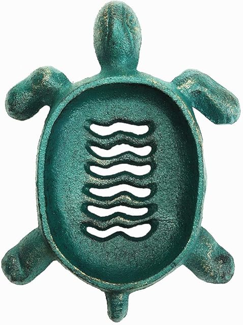 Sungmor Heavy Duty Cast Iron Drainable Soap Holder - Lovely Tortoise Shaped & Antique Green & Gold Finish - Kitchen Bathroom Sink Soap Dish Tray - Practical & Decorative Tabletop Soap Box Container