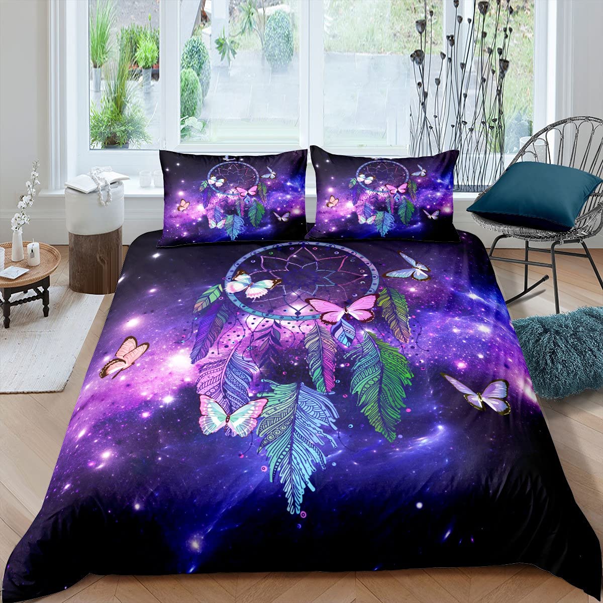 Richhome Boys Multi 8 Dreamcatcher Bedding 3 Pieces,Starry Galaxy Dreaming Universe Comforter Cover For Girls,Tribal Dream Catcher Feather Ultra Soft Bedding Set Quilt Cover King Size