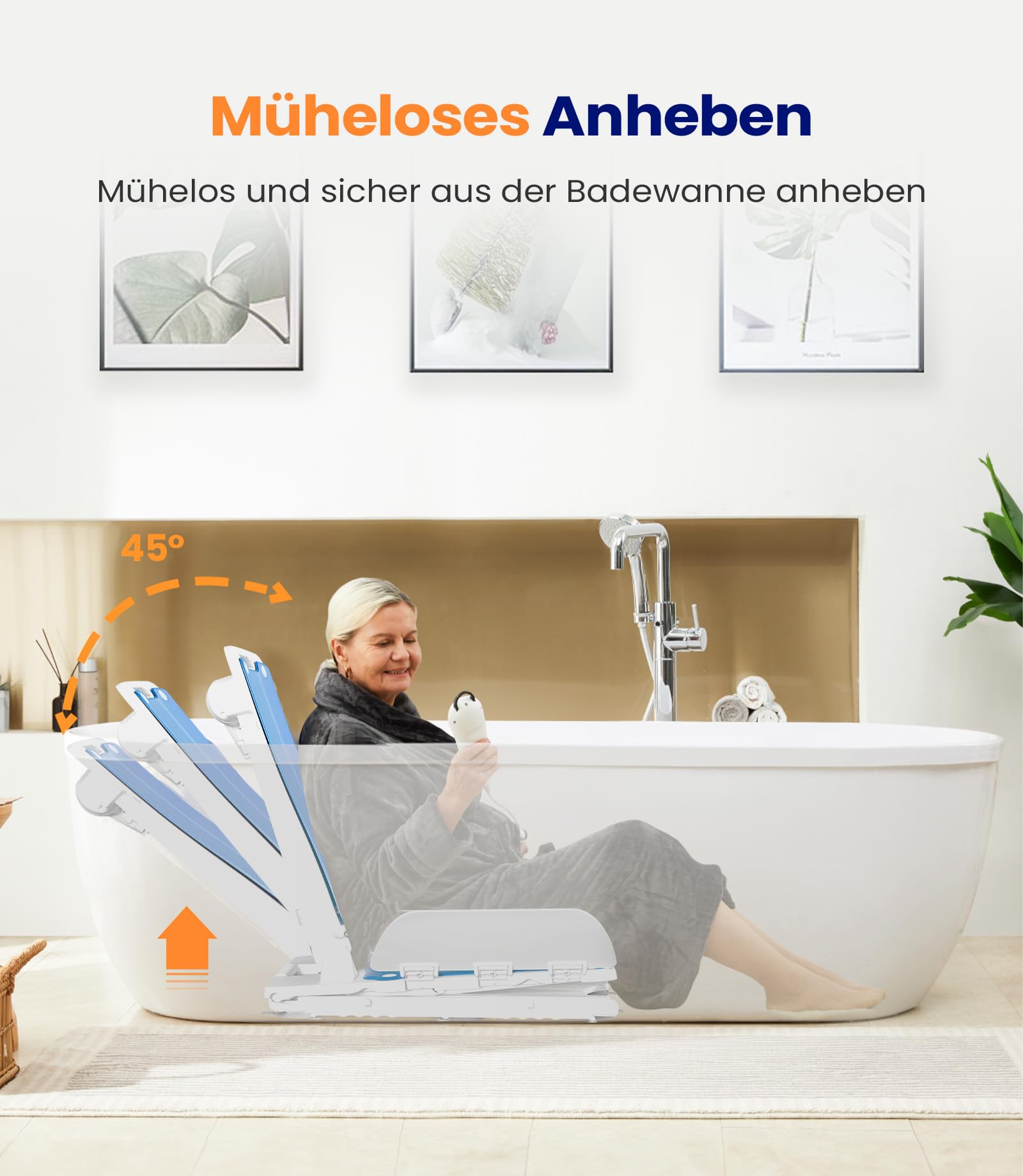 VOCIC AX07 Badewannenlift, Badewannenlifter für Senioren elektrisch, Badewannensitz mit wasserdichtem Motor, Aufladbare Handsteuerung und Saugfüße, Badewannen Einstiegshilfe, belastbar bis 136 kg