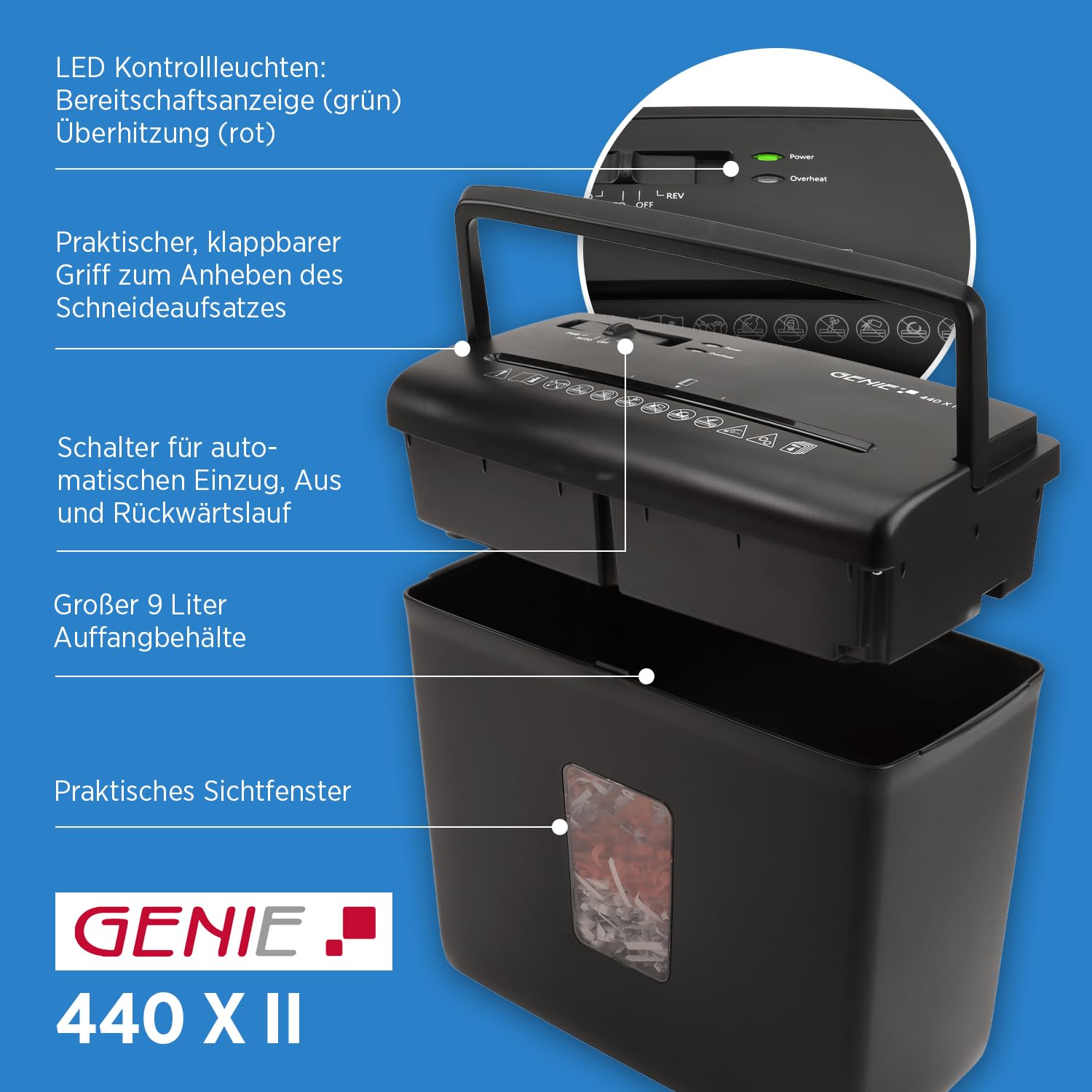 Genie Trituradora de papel P4 440 X II, práctica trituradora de papel con corte en partículas, volumen de recogida de 9 l y parada de arranque automático, trituradora compacta para casa u oficina
