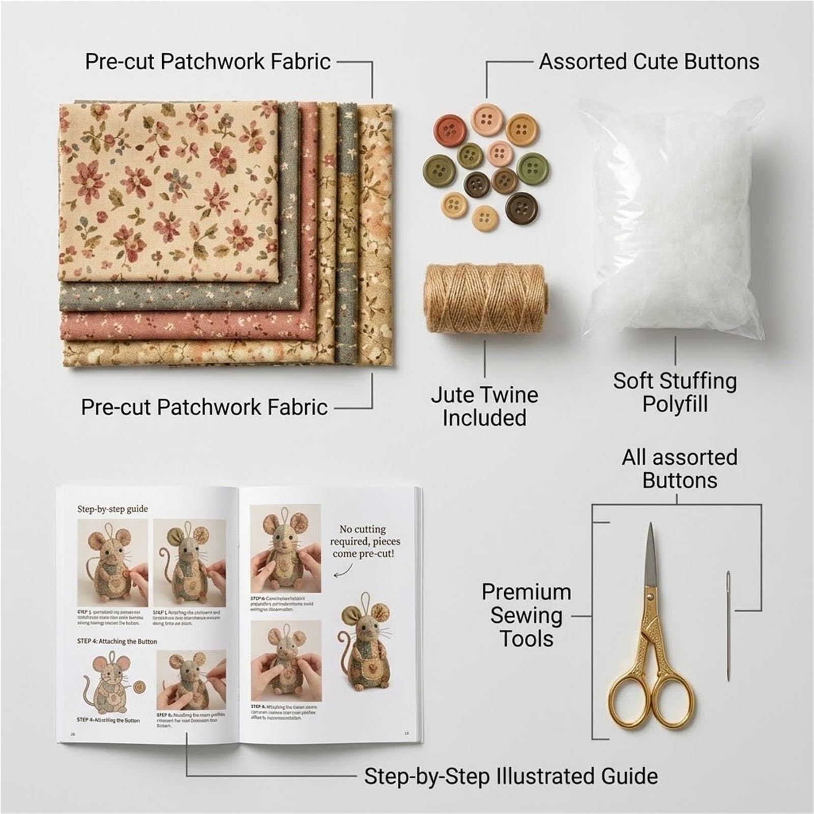 Patchwork-Maus-DIY-Set, Handgefertigtes Näh-Bastelset Mit Floraler Stofffüllung Und Knöpfen, Niedliches Stoffmaus-Ornament for Anfänger(3SET)