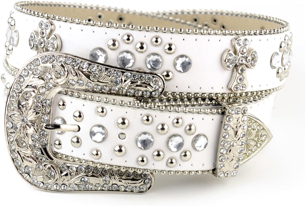 NYFASHION101 Cross Charm Rhinestone Stud Genuine Leather Belt