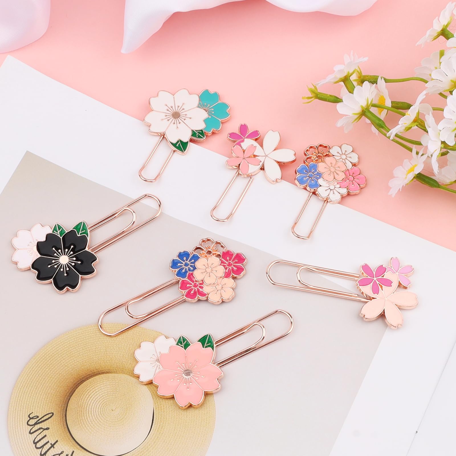 Lot de 7 trombones mignons en forme de fleur de cerisier - Jolis trombones décoratifs en métal doré rose avec motifs uniques de fleurs de cerisier pour marque-page, pince, accessoires de papeterie de