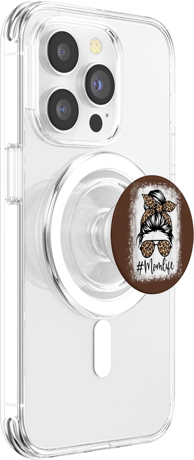 Mom Life Leopard Messy Bun Bleached Effect Women PopSockets MagSafe PopGrip for iPhone