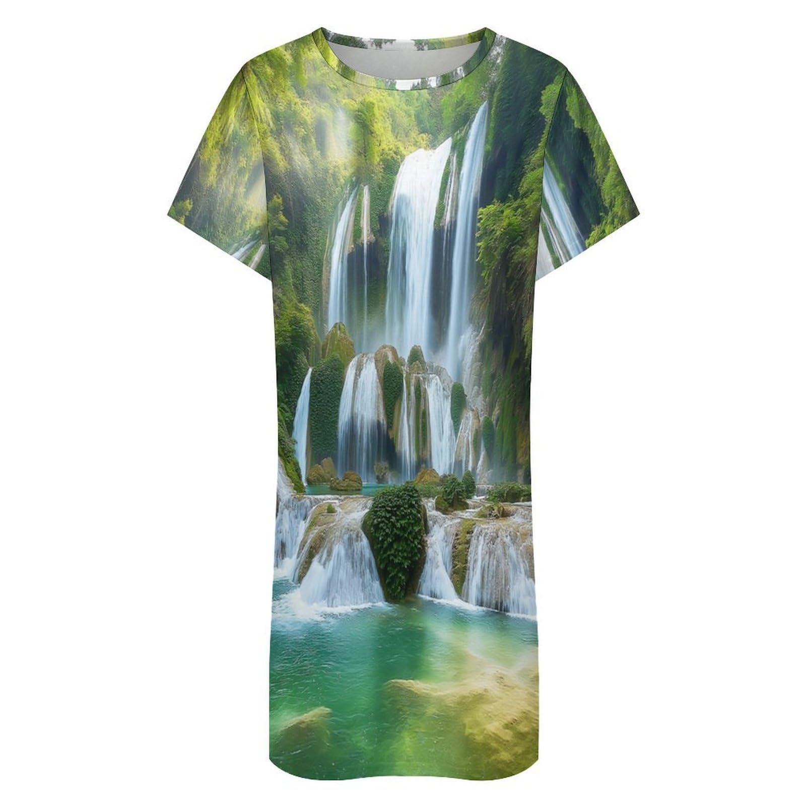 Camisones De Mujer - Paisaje De Cascada Camisón De Manga Corta para Estar En Casa Tallas S-3Xl Holgado Largo Suave para El Verano.
