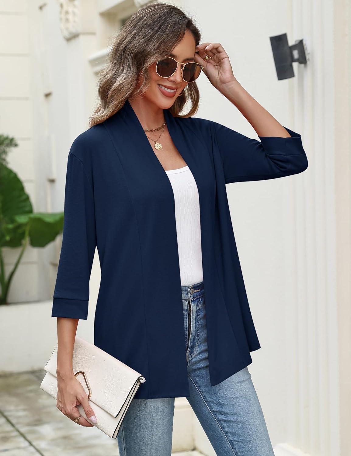 LOMON Womens 3/4 Sleeve Cardigan Open Front Lightweigh Casual Cardigan with Pockets - Image 2