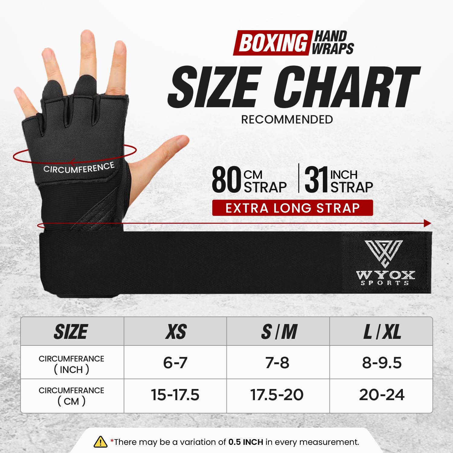 WYOX Fasce da boxe in gel, guanti interni per uomini e donne, 80 cm, cinghie da polso veloci, protezione imbottita per caviglia per Muay Thai, kickboxing, bende per pugilato e arti marziali