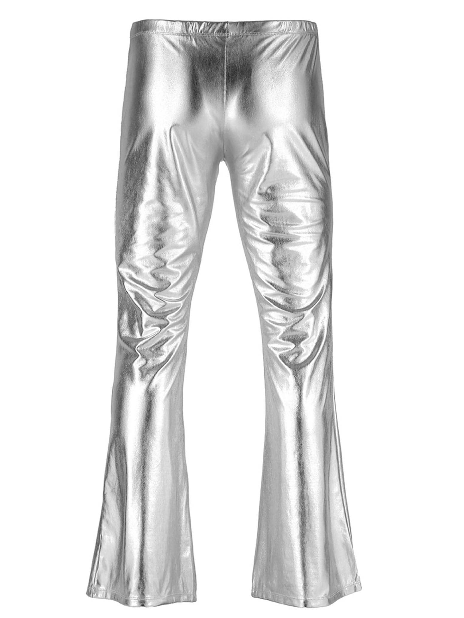 inlzdz Pantalón Retro de Los Años 70 para Hombre Brillante Pantalones Largos de Danza Disco Campana Metálico Ropa Escénica Clubwear