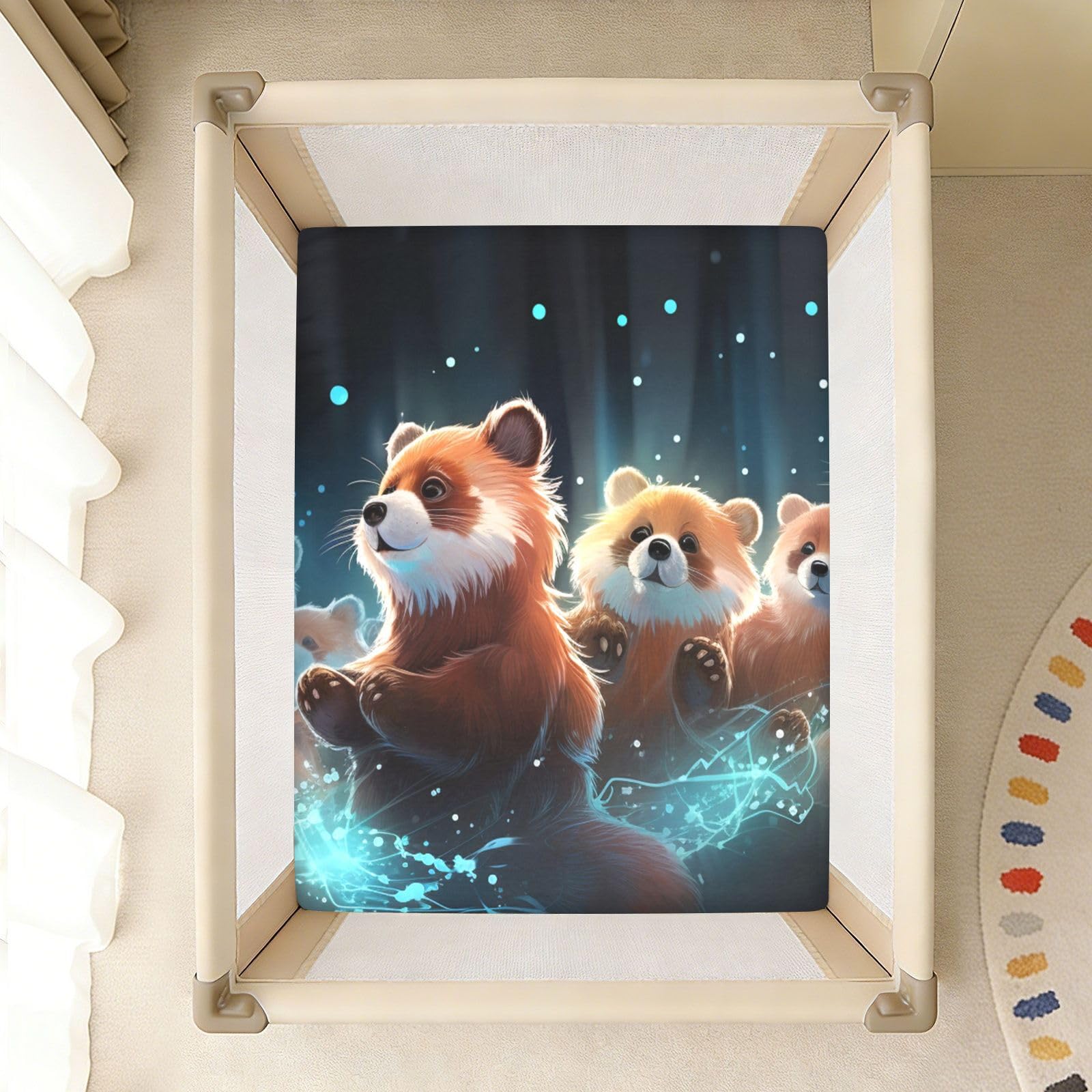 Espacio De Dibujos Animados Pandas Rojos Sábana de Cuna para Niños Pequeños,Sábanas de Algodón Suave para Bebés Aptas para Colchón Corralito