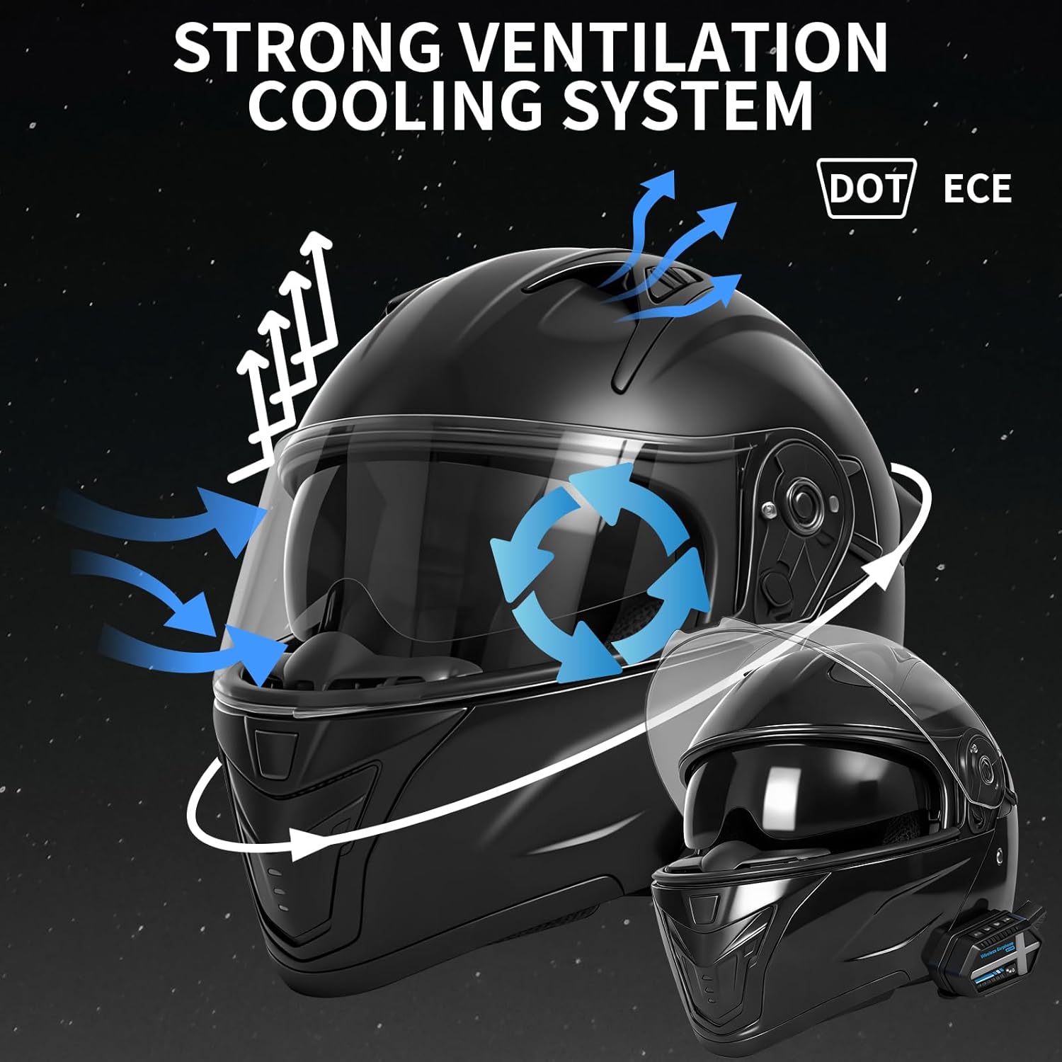 bluetooth modular motorcycle helmets with tail lights, dot approved flip up full face motorcycle dual visor helmet, with dual speakers and microphone, for adults men and women glossy black x-large
