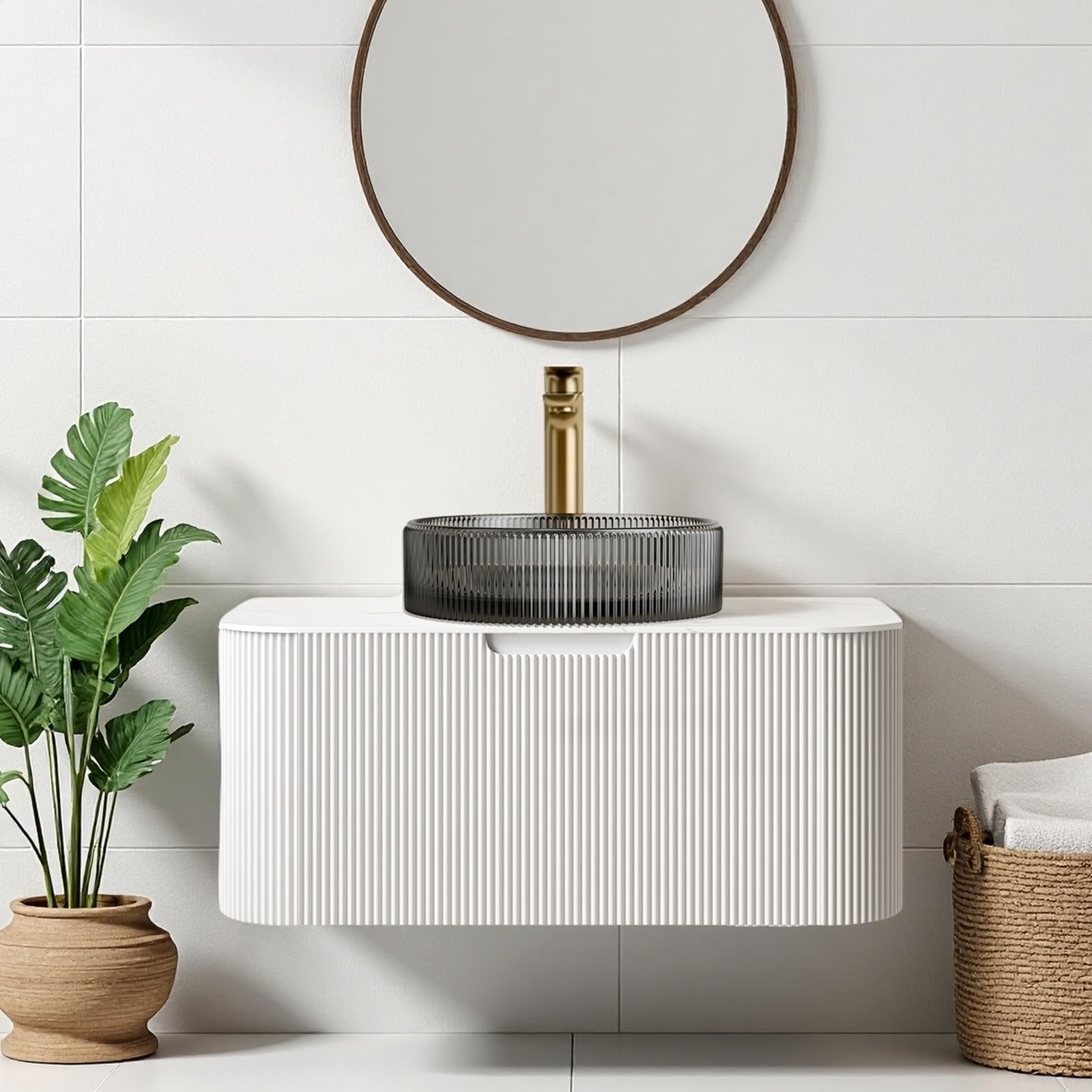 30 inch Bathroom Vanity with Sink, Floating Bathroom Cabinet with Round Transparent Black Glass Basin and Marble Top, Extra Large Storage Drawer, Soft-Close Design, Pre-Assembled, White