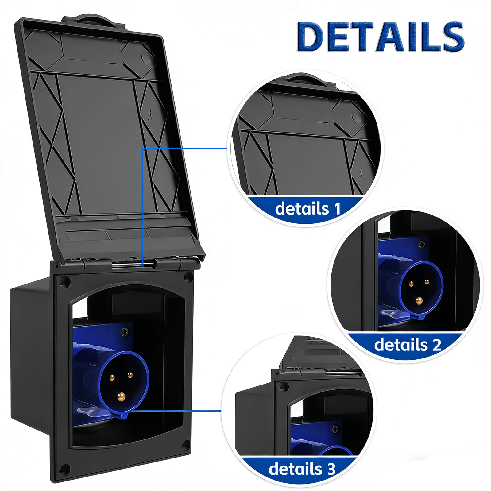 BORDEAG Presa CEE, presa di alimentazione da campeggio, 16 A, IP44, 220 V-240 V, con coperchio ribaltabile, spina di collegamento, roulotte, presa esterna per camper, roulotte, rimorchi