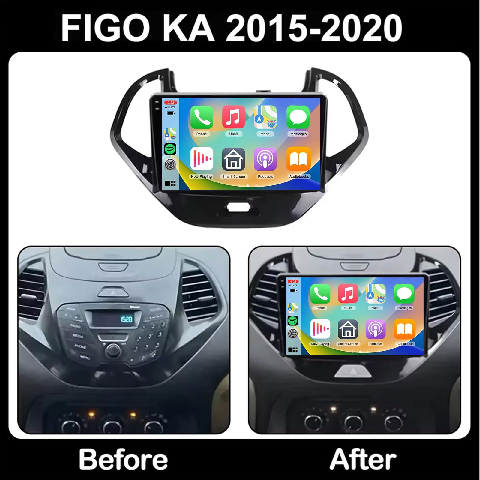 Radio Para Coche Android 15 Para F-ord FIGO KA 2015-2020 Con CarPlay Inalámbrico Android Auto Pantalla Táctil De 9'' Estéreo Con Bluetooth GPS Satelital HiFi WiFi FM RDS DSP SWC AHD Cámara(Size:M200)