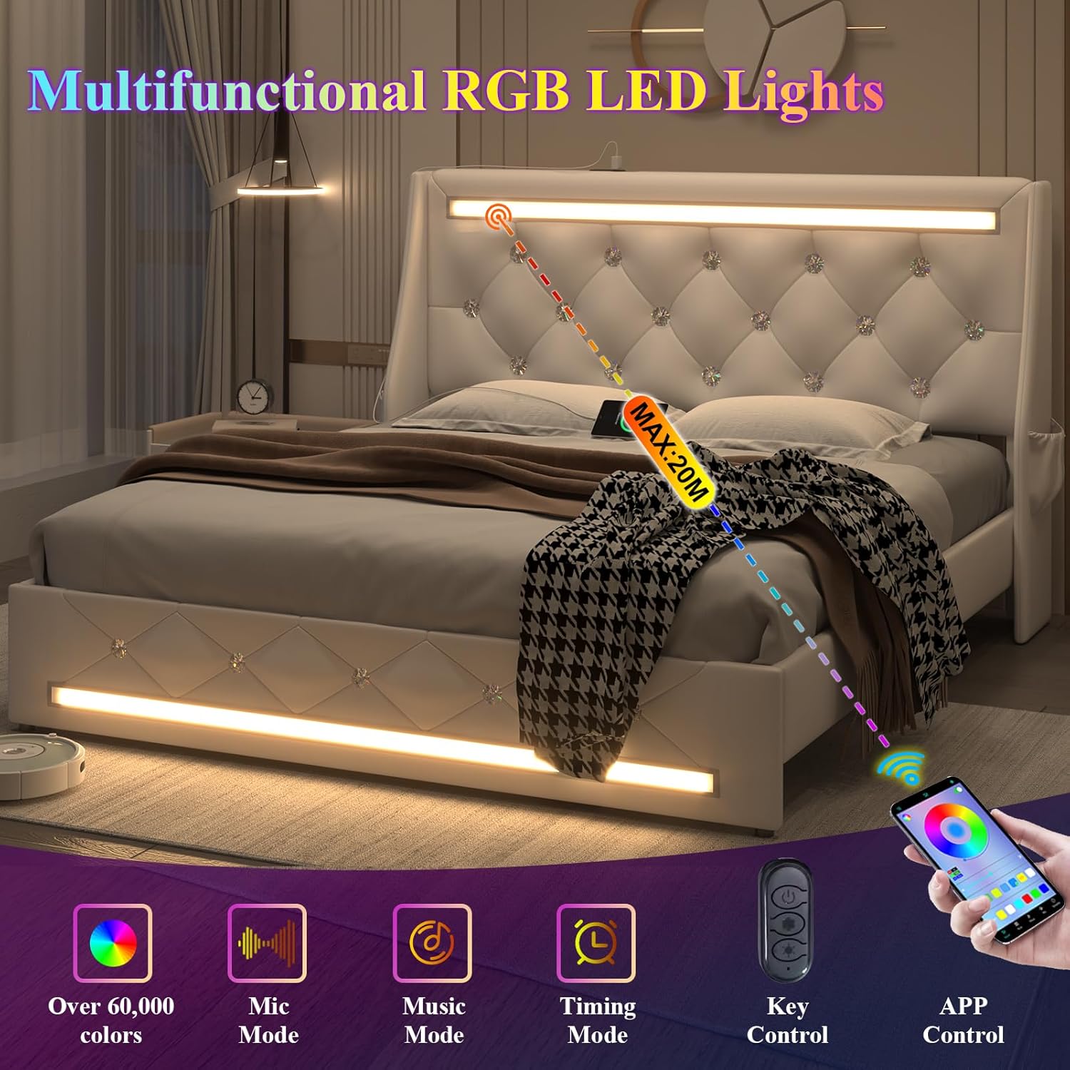 Bed frame with RGB LED lights showing various control options: app, remote, music mode, timing mode