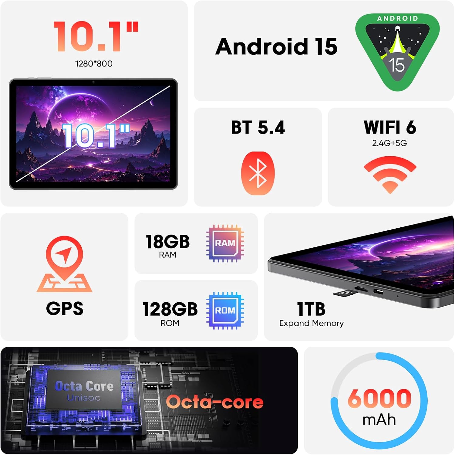 Android 15 Tablet 10 Inch with Keyboard Mouse, Octa-core CPU,RAM 18GB, ROM 128GB (Up to 1 TB), 800x1280 Widevine L1, WiFi 6 & Bluetooth 5.4, Dual Speakers, 5MP+8MP, 6000mAh, GPS - Image 2
