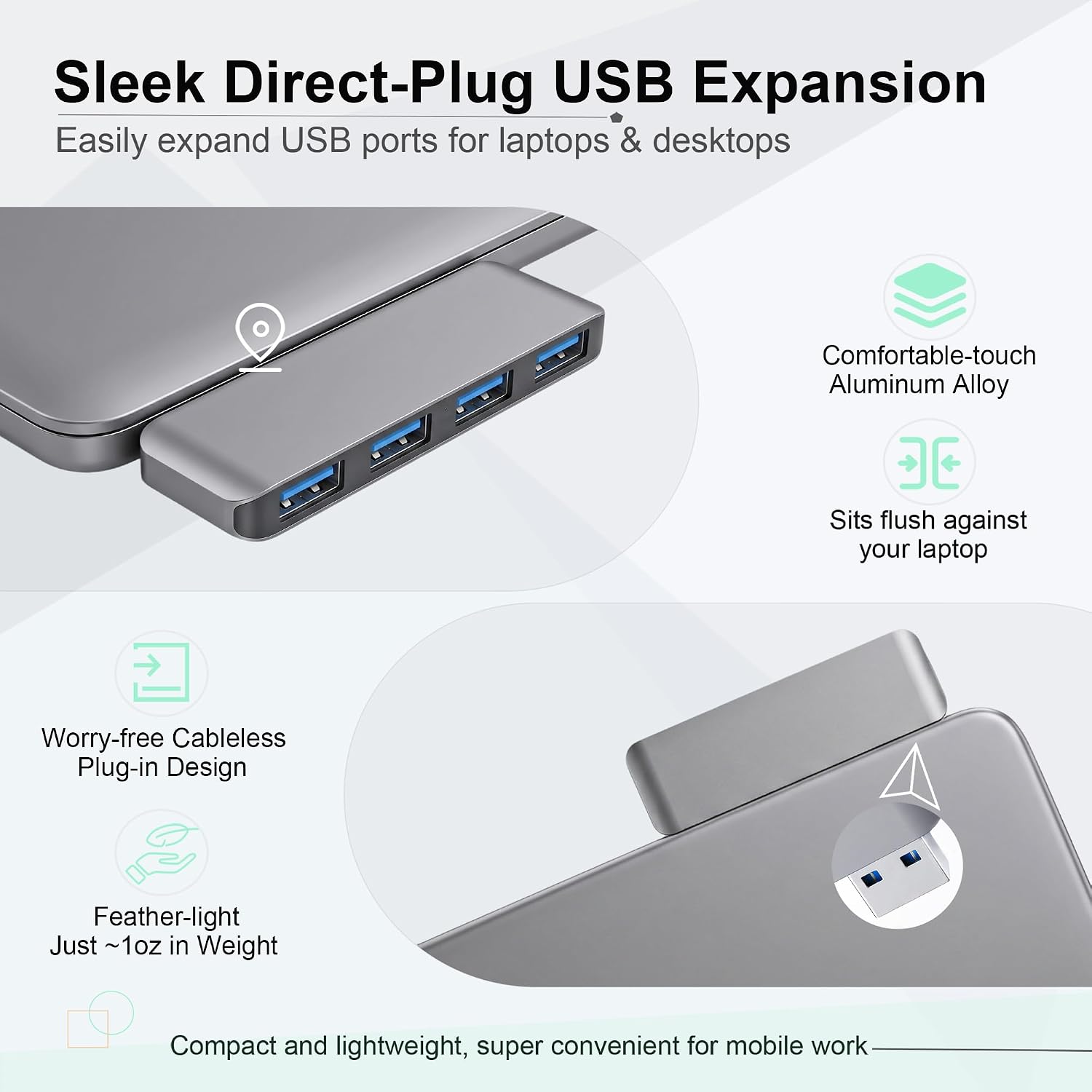 Portable 4-Port USB 3.0 Hub with Direct Plug-in USB Male Connector Design | Space-Saving USB Hub Compatible with Laptops and Desktops, Works with Windows, macOS, Linux and Chrome OS