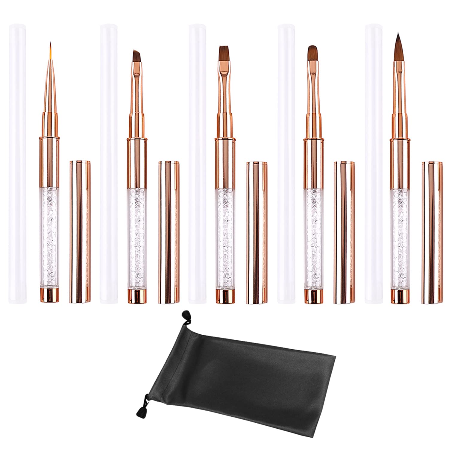 NINVVS 5pc Rose Gold Nylon Nail Art Brush Set including Storage Bag