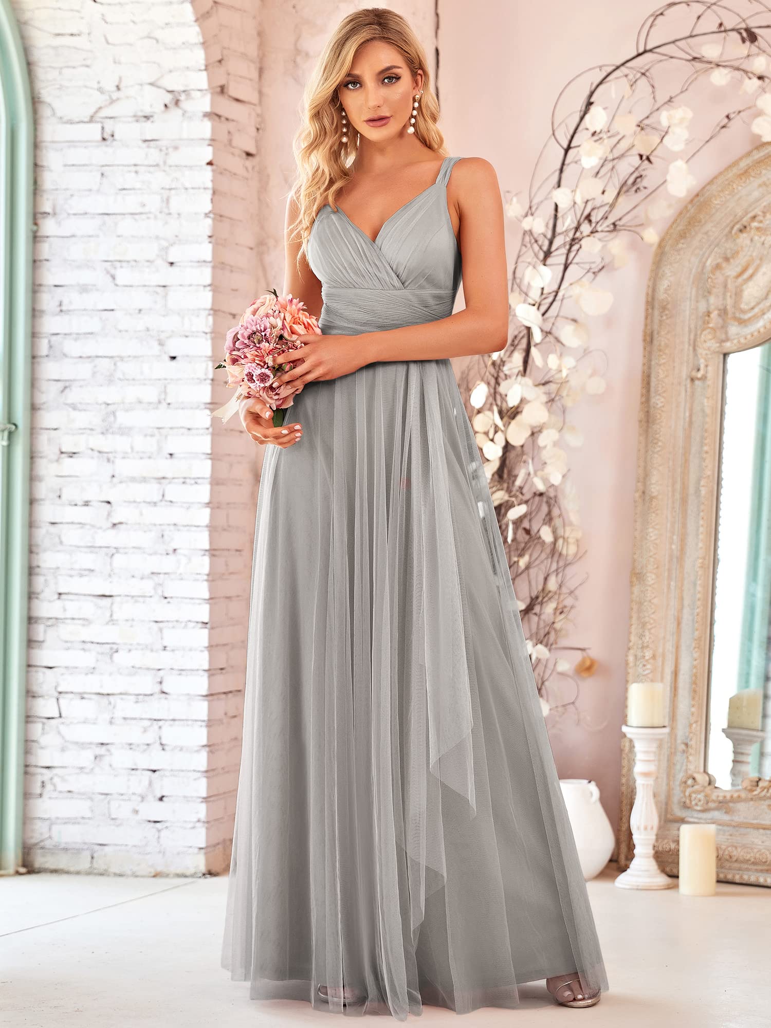 Ever-Pretty Robe de Soirée Longue Femme Col V Plissé Cérémonie Demoiselle d'honneur en Tulle 07303