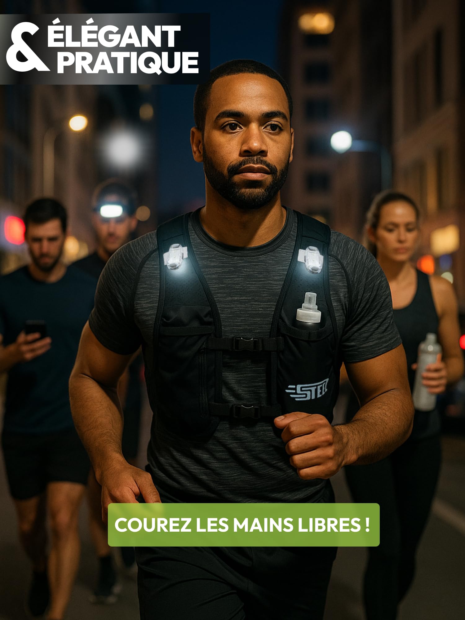 Gilet Running d'hydratation Réfléchissant LED Recheargeable, Porte-Bouteille d'eau, Ajustable, Gilet léger, Gourde d'hydratation de 500 ML pour randonnée, Trail