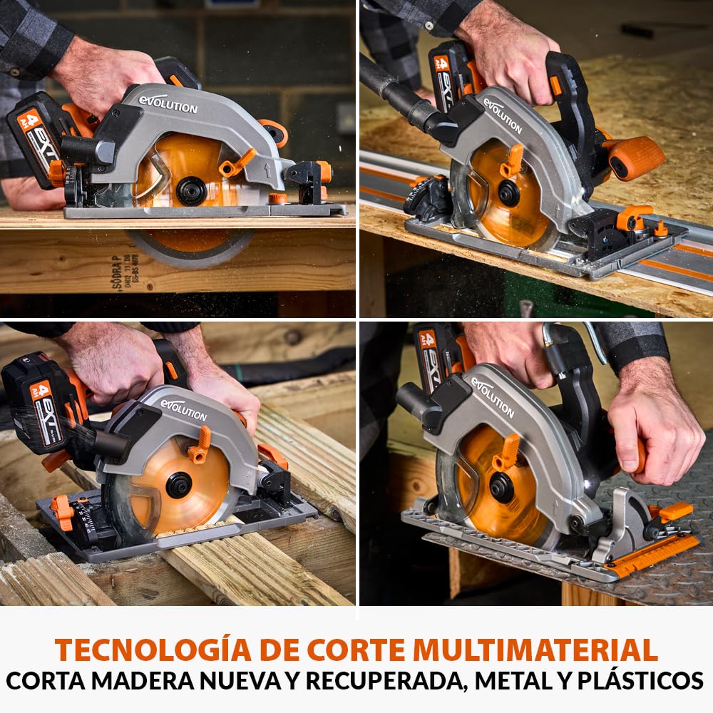 Evolution Power Tools R185CCSX-Li Sierra circular sin cable compatible con carril 18v Li-Ion EXT Incluye hoja multi-material TCT, corta madera, metal, plástico, batería y cargador incluidos, 185mm