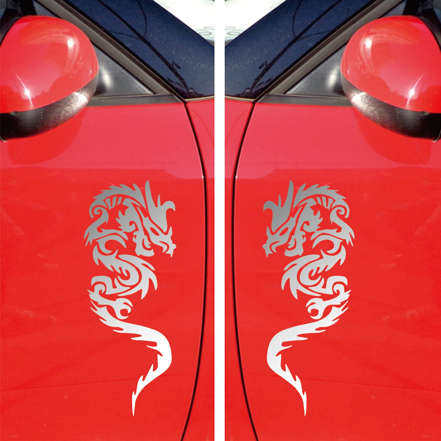 Chinese Dragon Decal Vinyl Sticker Pair Mirror Images Reversed Style A Die Cut No Background Choose Size Color (32'' x 12.5" (81.3cm x 31.7cm), Metallic Silver)