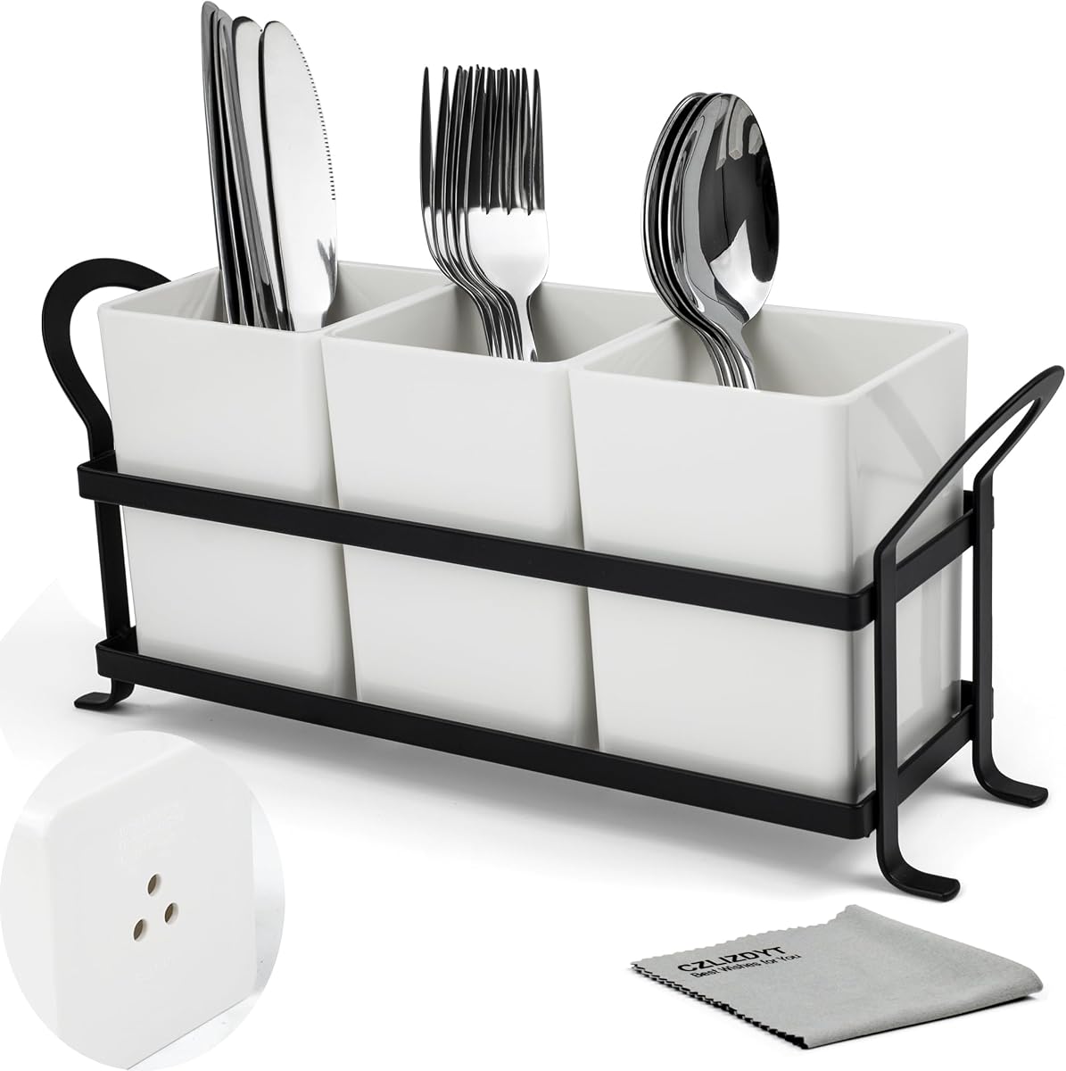 Czlizdyt Cutlery Holder with Drain Holes, Silverware Caddy for Party Countertop, 3pcs Bins Set Utensil Holders for Spoon and Fork, White