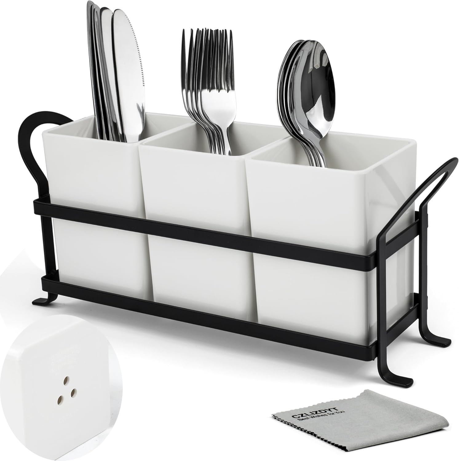 Cutlery Holder with Drain Holes, Silverware Caddy for Party Countertop, 3pcs Bins Set Utensil Holders for Spoon and Fork, White White Standard (3.7"D x 13.3"W x 5.5"H?