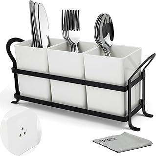 Cutlery Holder with Drain Holes, Silverware Caddy for Party Countertop, 3pcs Bins Set Utensil Holders for Spoon and Fork, White
