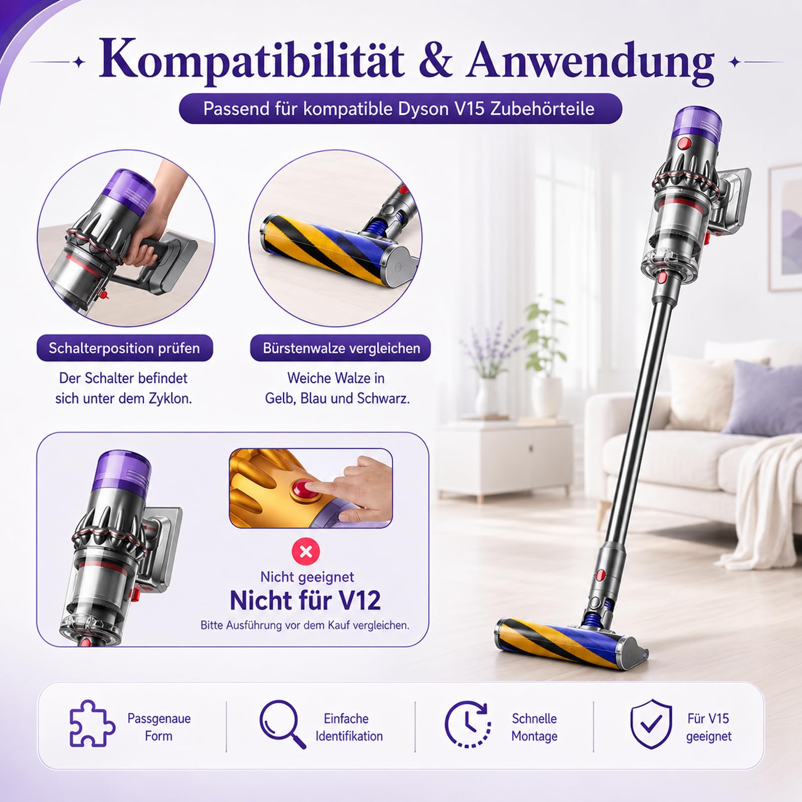 Spazzola a Rullo di Ricambio e 2 Filtri per Dyson V15 Detect Slim Absolute, Bocchetta per Pavimenti con Rullo Morbido e Kit Filtri HEPA, Ricambi Accessori V15, Sostituisce #971634-01