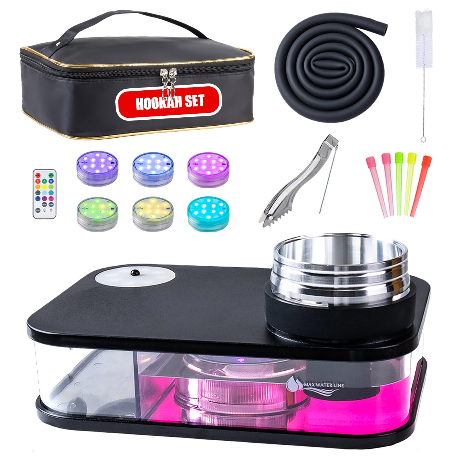 Hookah Box – Premium One Hose & Portable Travel Hookah Set with LED Lights, Perfect for Parties and Outdoor Adventures（Black）