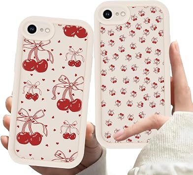 2 Pack Beige Phone Case for iPhone SE 2022/SE 2020/8/7 4.7",Cute Cherry Aesthetic Cases Kawaii Bow Design Pattern Cover for Girls Women,Soft Anti-Scratch Shockproof Protection SE 2022/2020