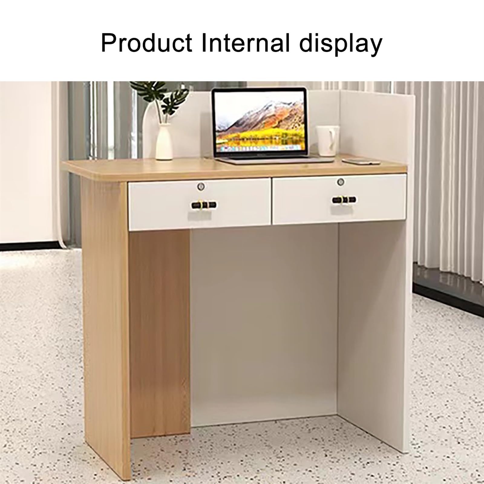 Moderno piccolo banco di ricezione con luci LED, cassetti chiudibili e frontale in legno, elegante banco di vendita al dettaglio per la reception