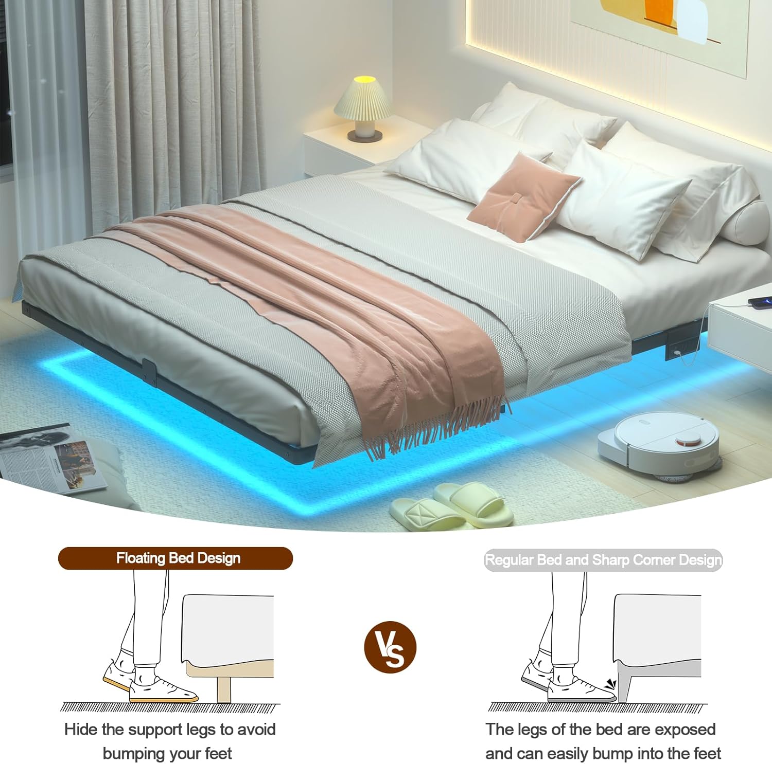 Queen Bed Frame, Floating Bed Frame Queen Size with Smart LED Lights & USB Charging Station, Metal Platform Double Bed Frame, Steel Slat Support, No Box Spring Needed, Easy Assembly HBF150BK - Image 5