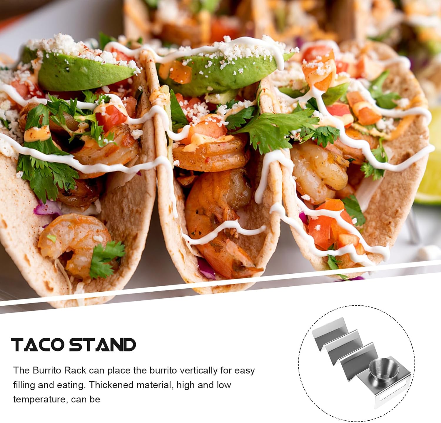 FUOYLOO Stainless Steel W-shaped Taco Holder Stand with Seasoning Cup Rust-resistant Metal Taco Rack Burritos Baking Compact Stackable Design for Easy Storage and Oven Dishwasher Safe