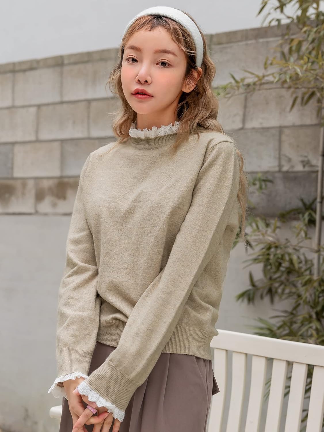 Women's Sweater Eyelet Embroidery Frill Neck Sweater Sweater for Women (Color : Khaki, Size : Medium)