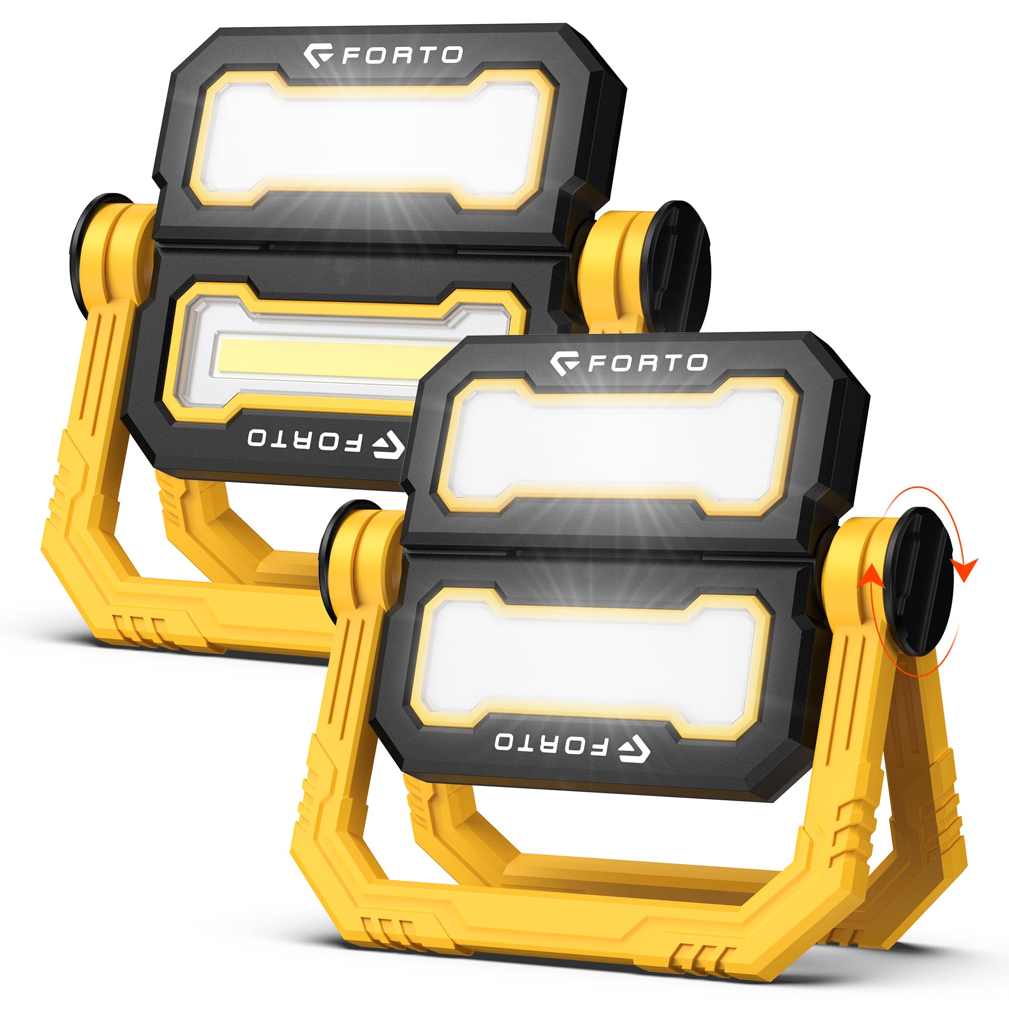 FORTO Rechargeable Work Light，3000LM 2 COB Portable Flood Light,Cordless Led Work Light with 4 Modes,Foldable 5200mAh LED Job Site Lighting Flashlights