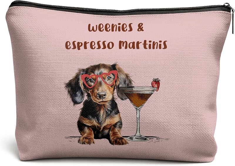 Nécessaire de maquiagem DOFQZ com estampa de cachorro e Espresso Martini, rosa, zíper