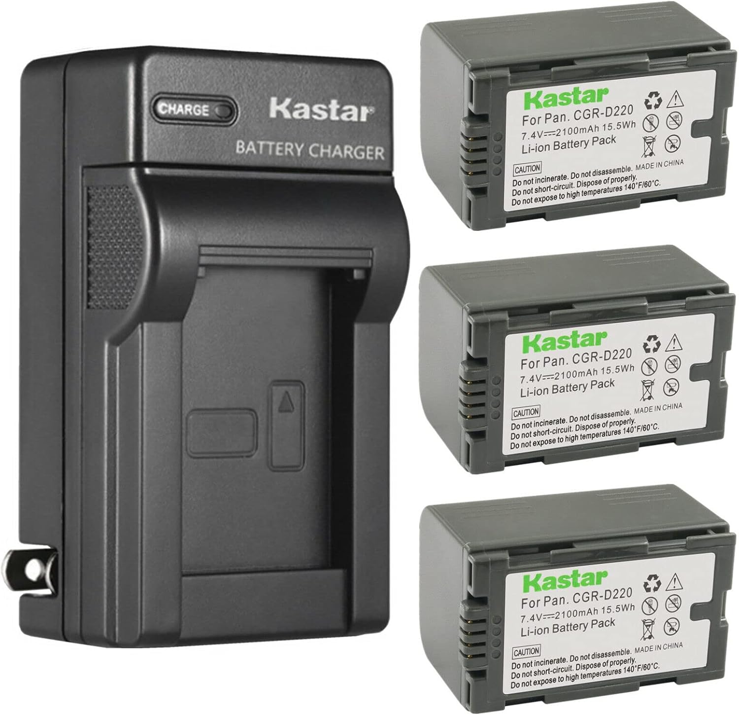 Kastar 3-Pack CGR-D16 Battery and AC Wall Charger Replacement for Panasonic PV-GS12, PV-GS13, PV-GS14, PV-GS15, PV-GS16, PV-BP8, PV-D401, PV-VM202, DZ-MX5000, VDR-M10, VDR-M20, AJ-PCS060G Camera