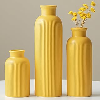 Modern Ceramic Vase Set, Yellow Ribbed Matte Design, 3-Piece Decorative ...
