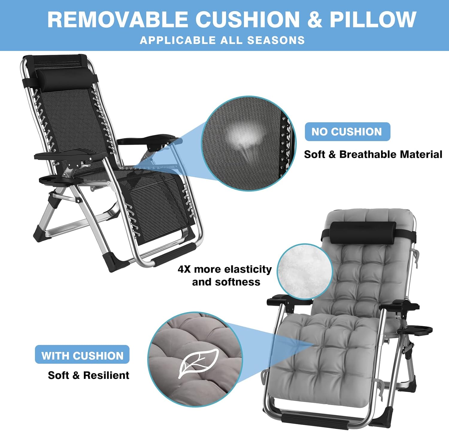 Oversized Padded Zero Gravity Chair, Folding Outdoor Patio Recliner,XL Anti Gravity Lounger for Backyard w/Headrest,Cup Holder, Gravity Recliner Chair for Indoor,Support 440lbs, Gray