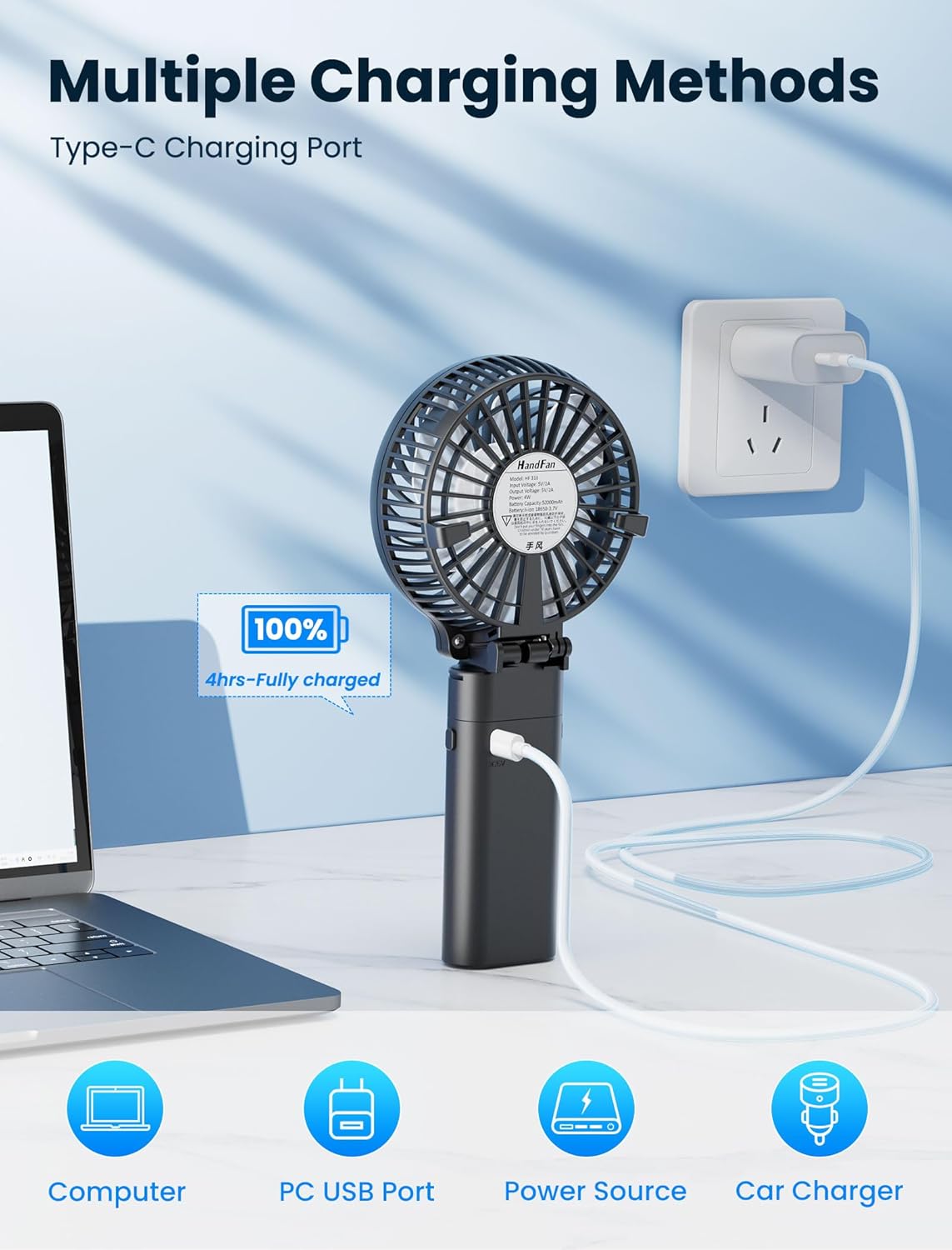 HandFan 5200mAh Portable Handheld Fan, Personal Hand Held Fan USB Rechargeable, 180° Foldable Portable & Detachable Handle Design,3 Speeds Strong Airflow Cooling for Travel/Outdoors/Indoors (Black) - Image 9