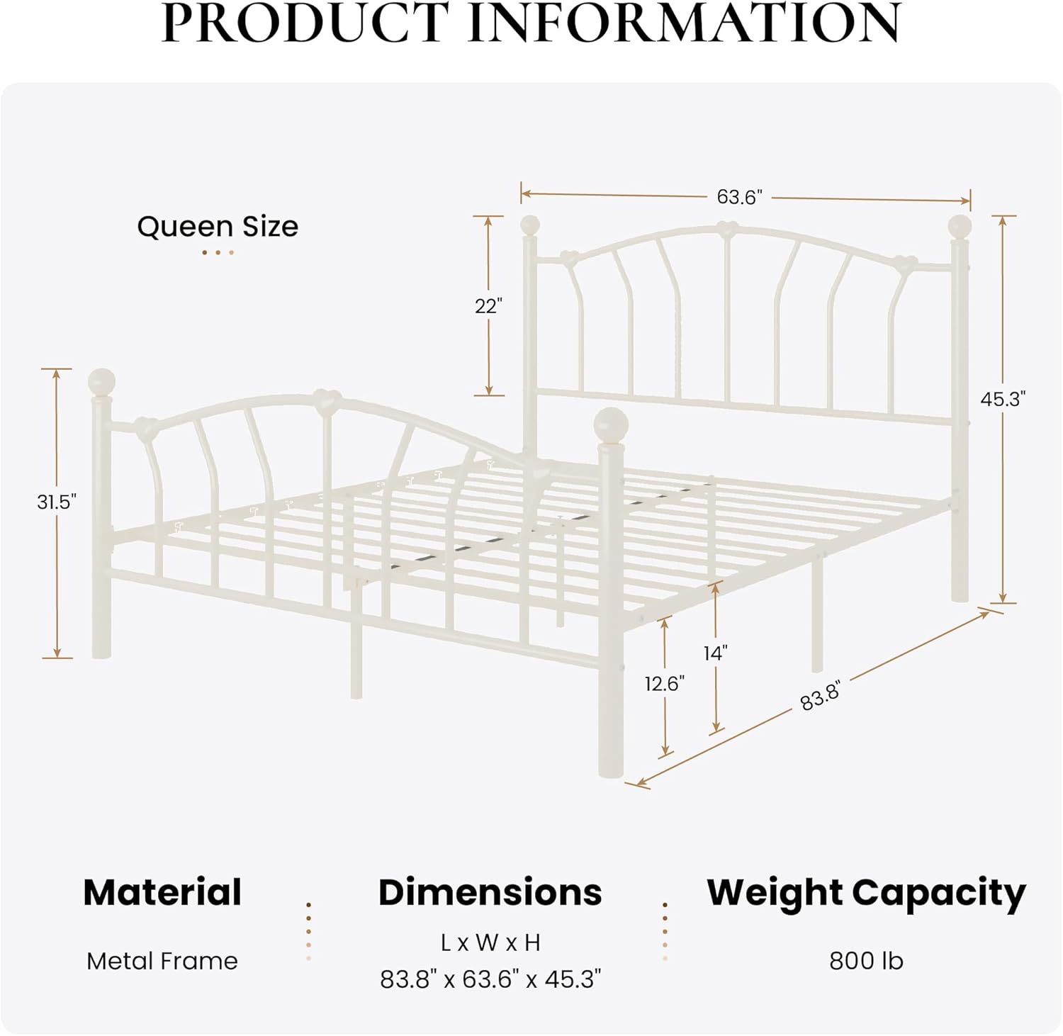 SHA CERLIN 14 Inch Queen Size Metal Platform Bed Frame with Heart Shaped Headboard/Footboard, Under Bed Storage, Noise Free Mattress Foundation, No Box Spring Needed, Easy Assembly, Cream White