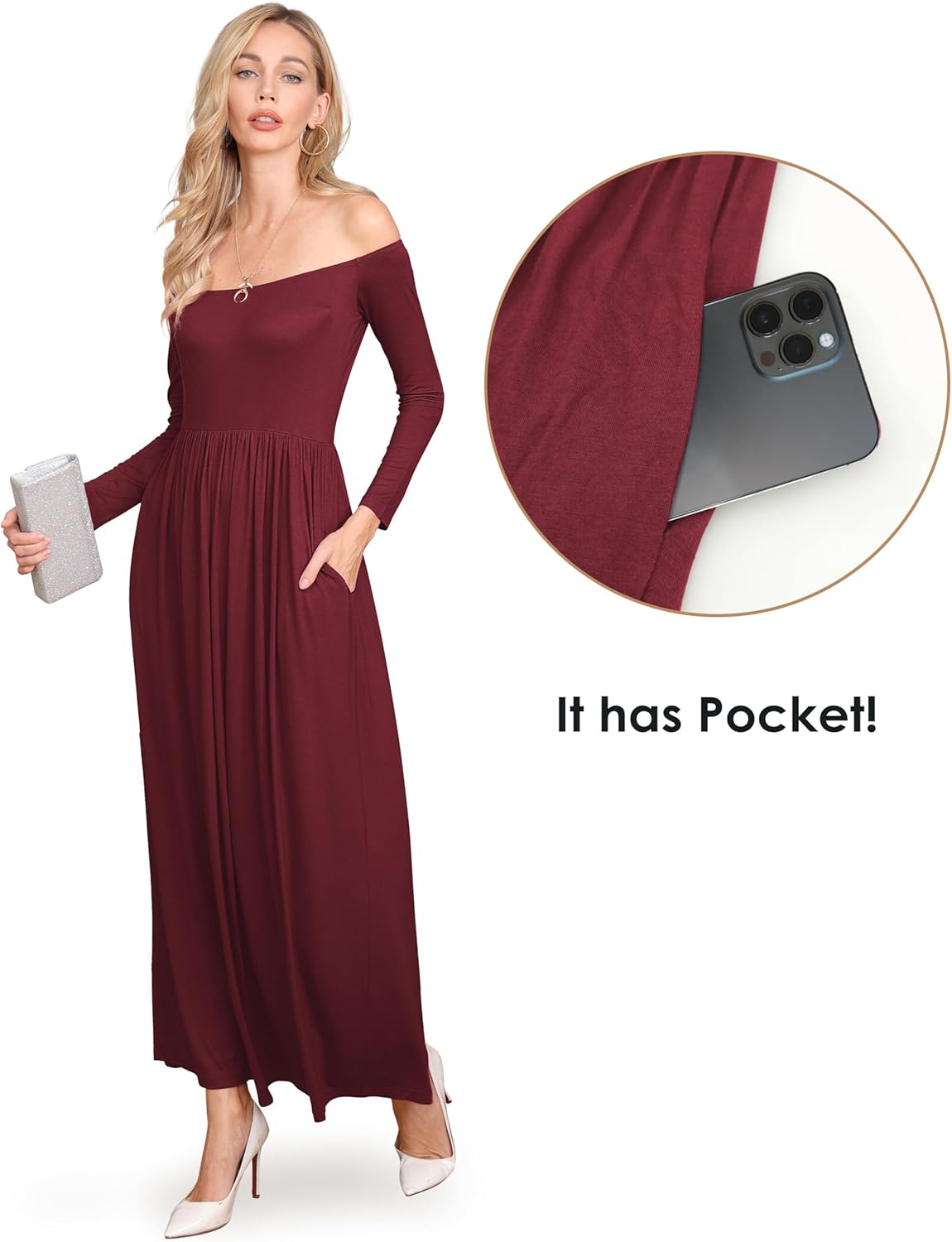 Amoretu Dresses for Women Long Sleeve Off Shoulder Maxi Flowy Casual Loose Plain Dress with Pockets - Image 5