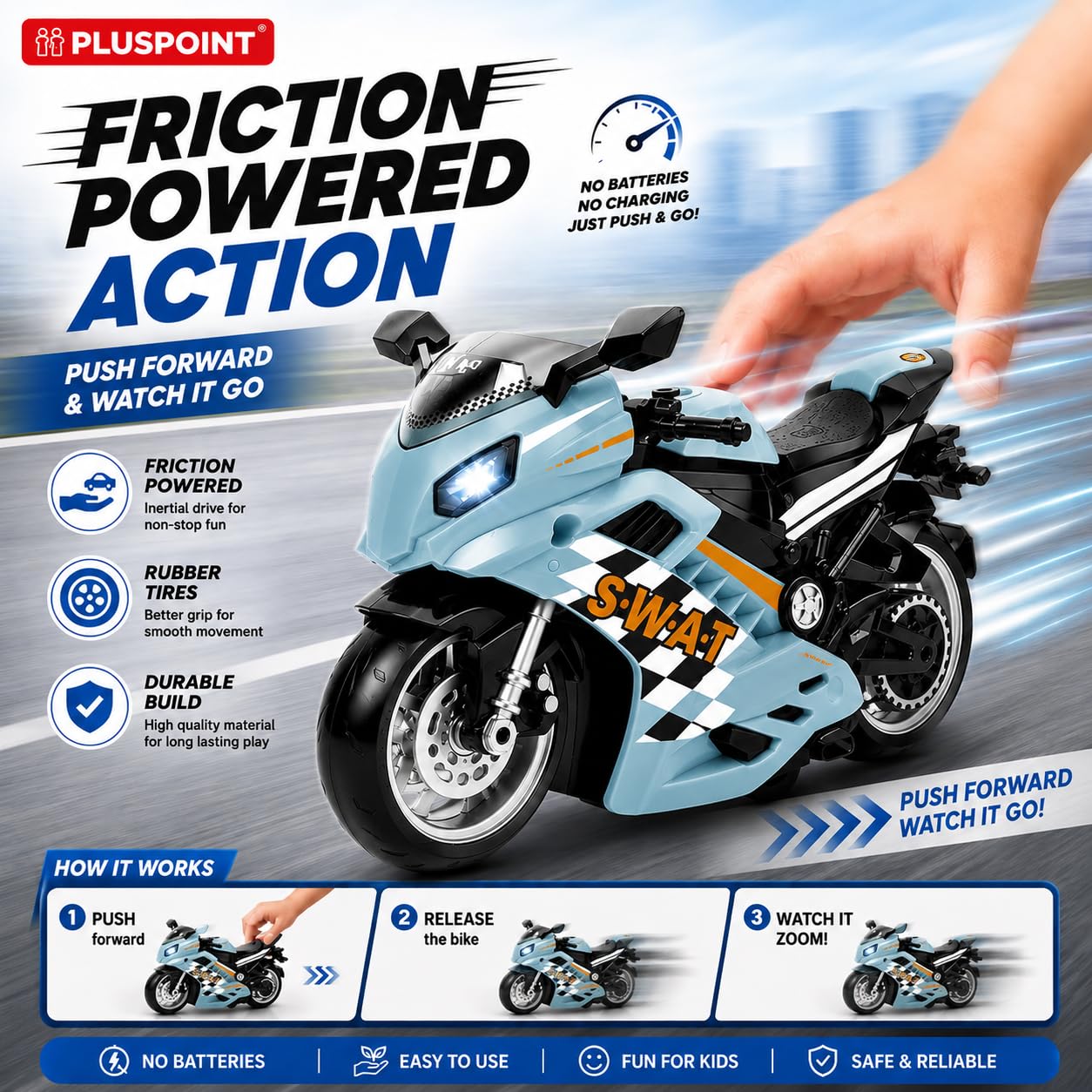 PLUSPOINT Police SWAT Rescue Motorcycle Toy | Friction Powered SWAT Bike with Lights, Music & Push and Go Action | Emergency Police Vehicle Toy for Kids Boys & Girls Age 3+ 2