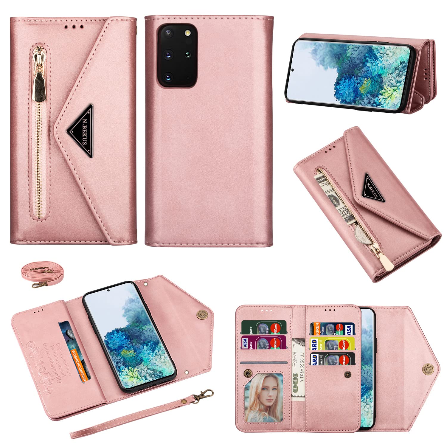 Furiet Wallet Case for Samsung Galaxy S20 Plus S20+ 5G Leather Flip Zipper Purse Handbag with Credit Card Holder Shoulder Strap Wrist Strap Phone Cover for S20+5G S20plus 20S + S2O S 20 20+ G5 Pink