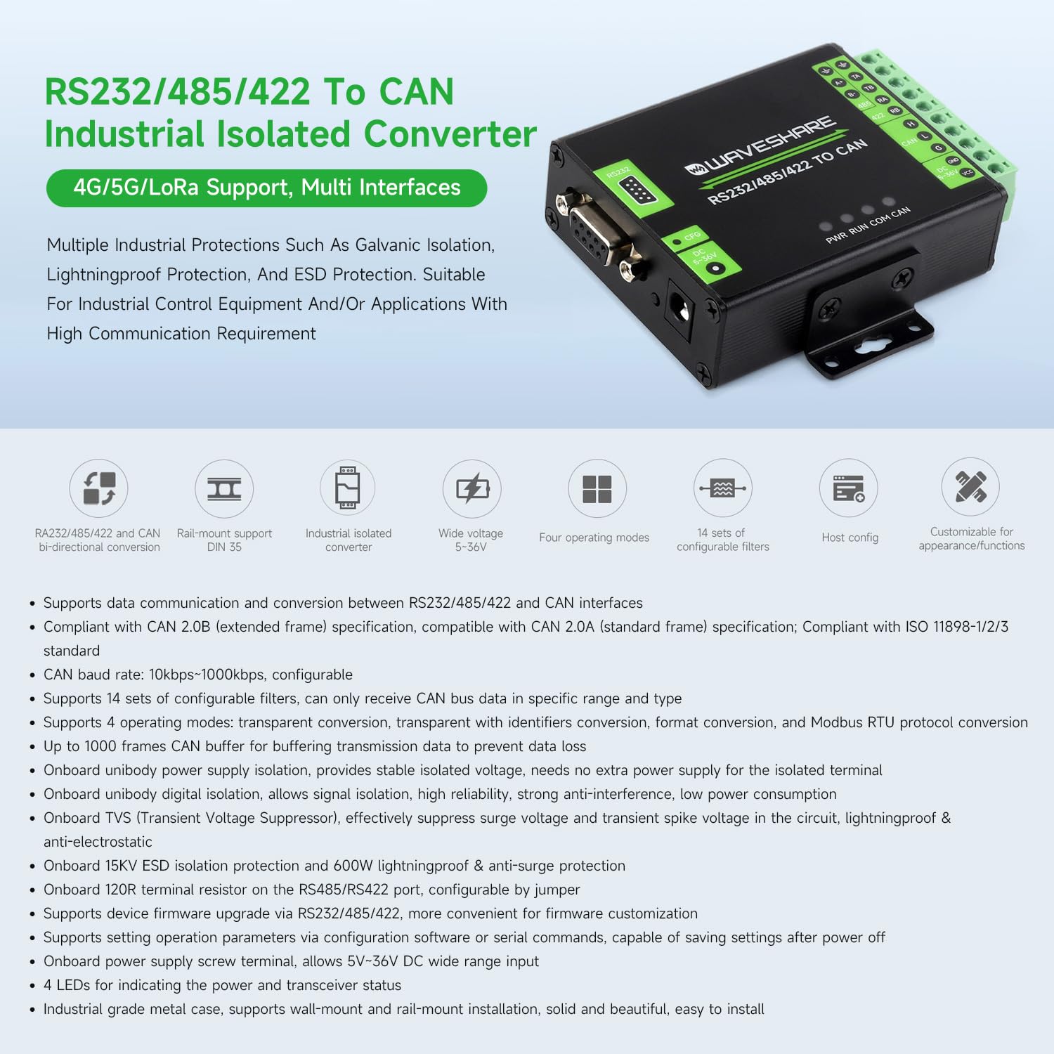 Waveshare RS232/485/422 to Can Industrial Isolated Converter, Supports Modbus RTU Conversion, Multiple Protection Circuits