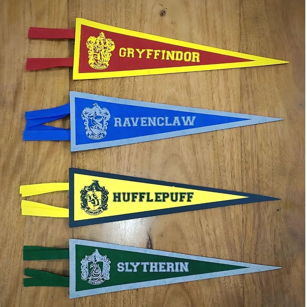 Multicolor Harry Potter Fabric Pennants - 16" x 6" (4 Pcs) | Assorted Magical Designs - Excellent for Wizard Fans & Party Decorations